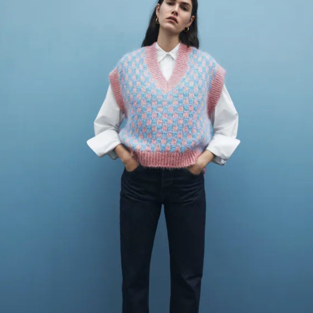 Zara Pink and Light Blue V-Neck Sweater Vest
